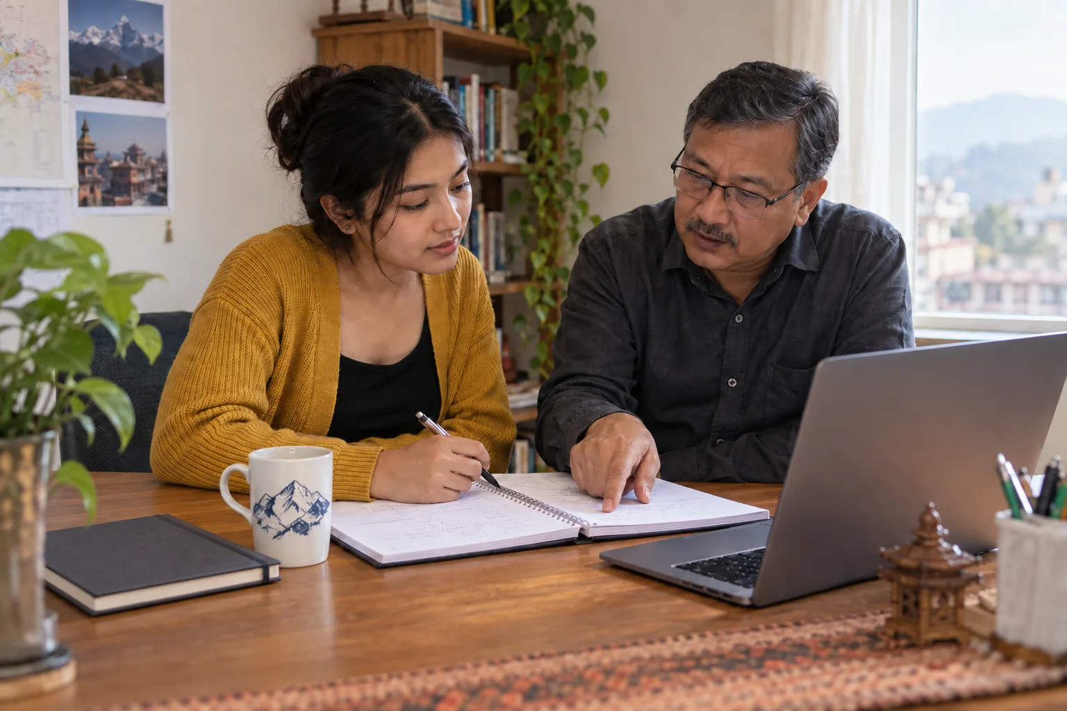 Nepali GMAT learner and tutor reviewing practice notes beside a laptop