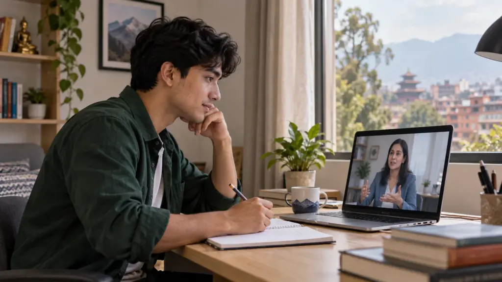 Nepali GMAT learner attending a live online lesson with a tutor on a laptop