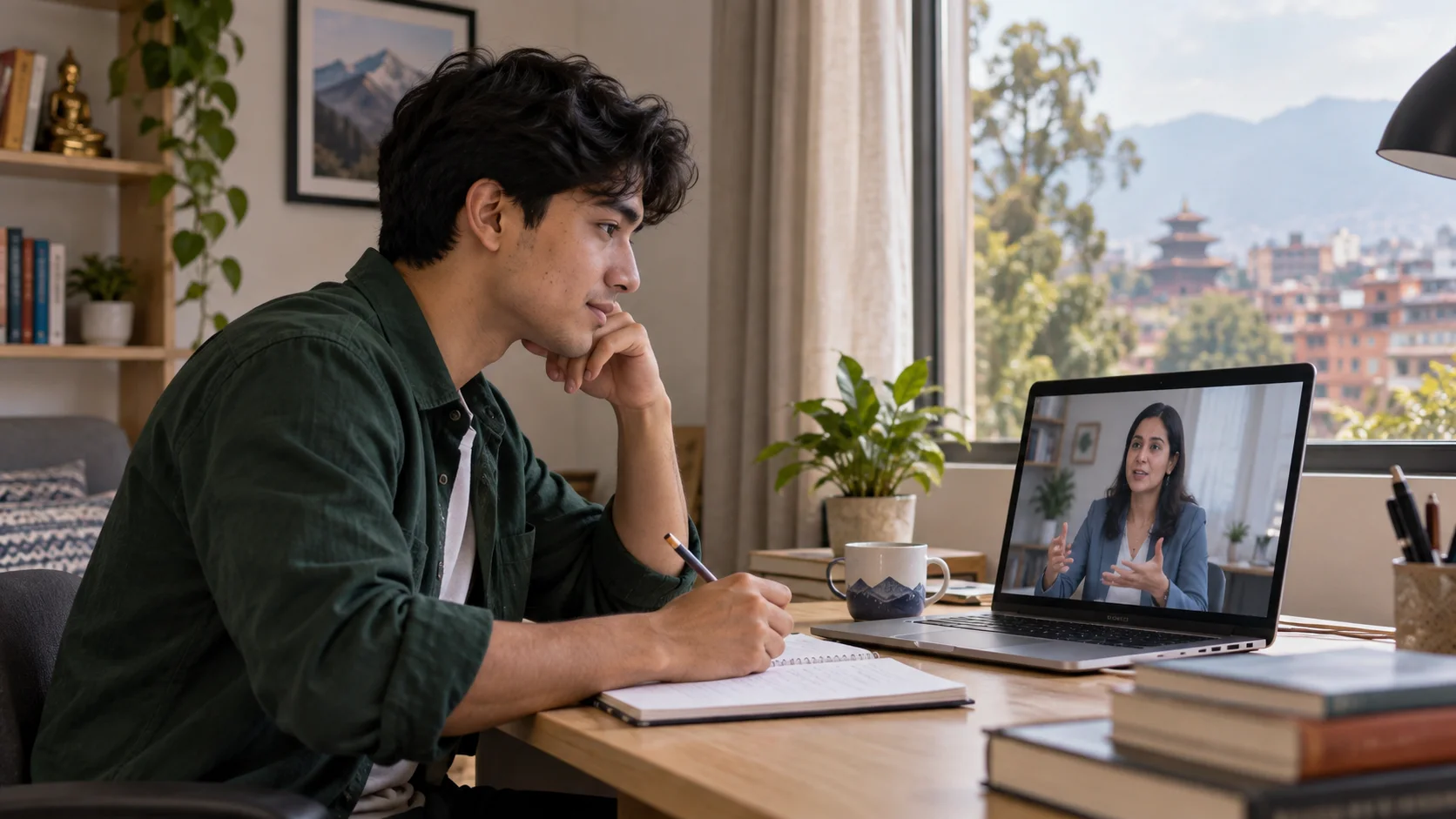 Nepali GMAT learner attending a live online lesson with a tutor on a laptop