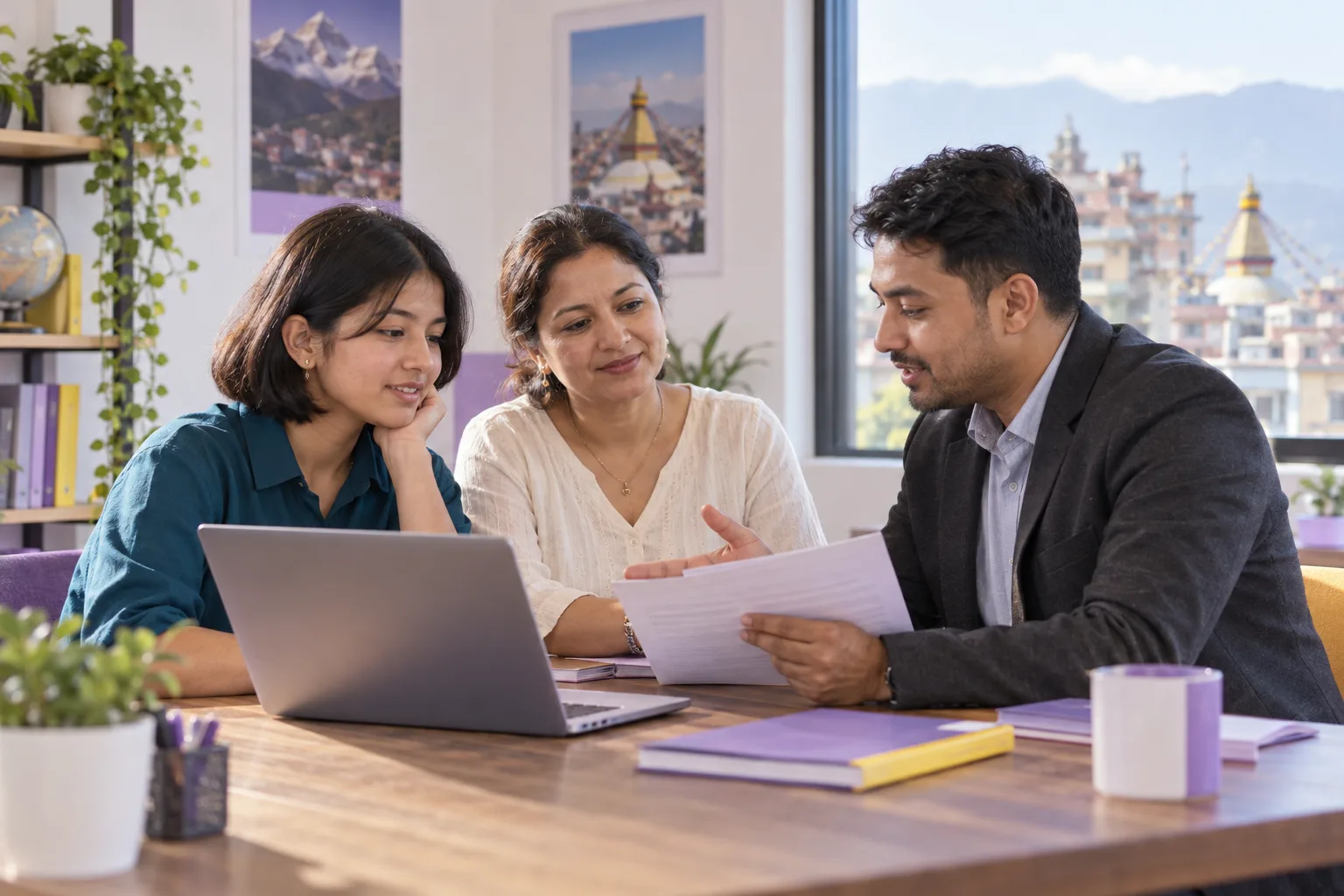 Nepali SAT student, parent and counsellor reviewing university application requirements in Kathmandu