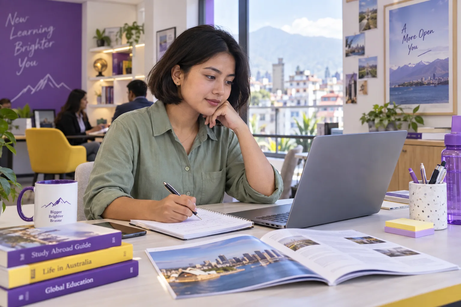 Young Nepali woman with a short bob comparing Australian university courses and intake options using a laptop and notebook
