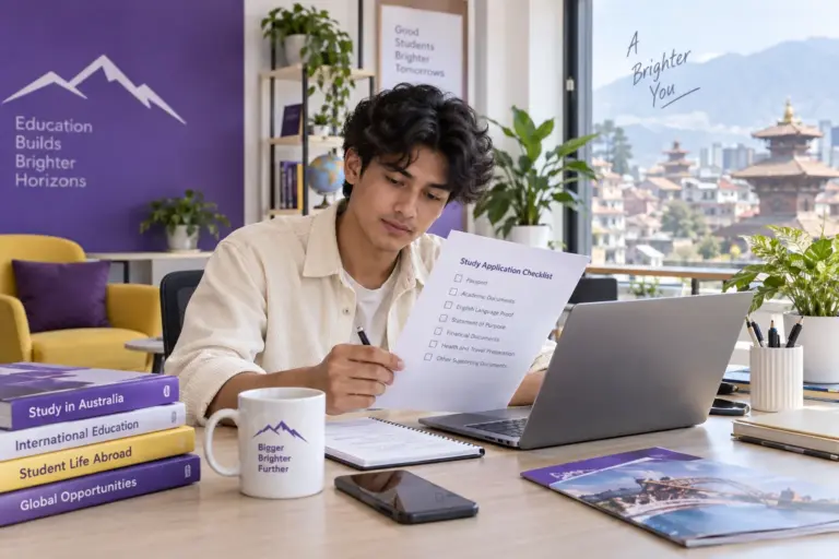 Young Nepali man with wavy hair reviewing an unbranded study application document checklist with a laptop