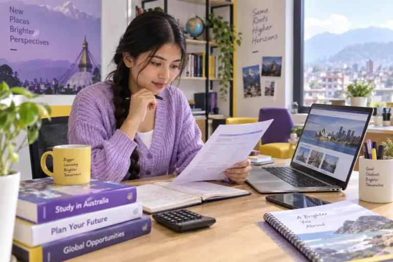 Young Nepali woman with a long braid comparing a personal study budget worksheet and university tuition information on a laptop
