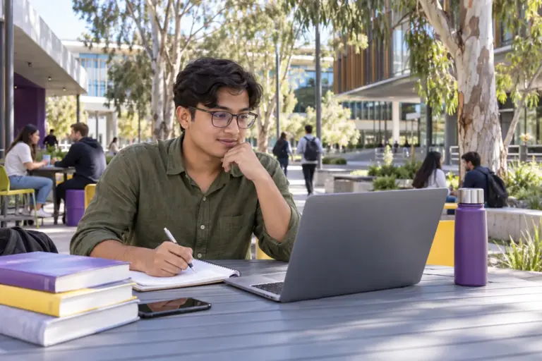 Young Nepali man with glasses comparing Australian university courses and intake options using a laptop and notebook