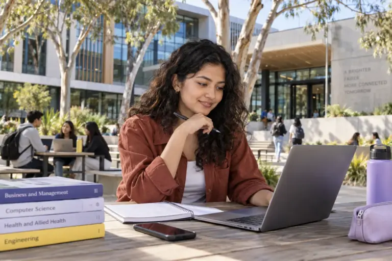 Young Nepali woman with curly hair comparing Australian university courses and intake options using a laptop and notebook