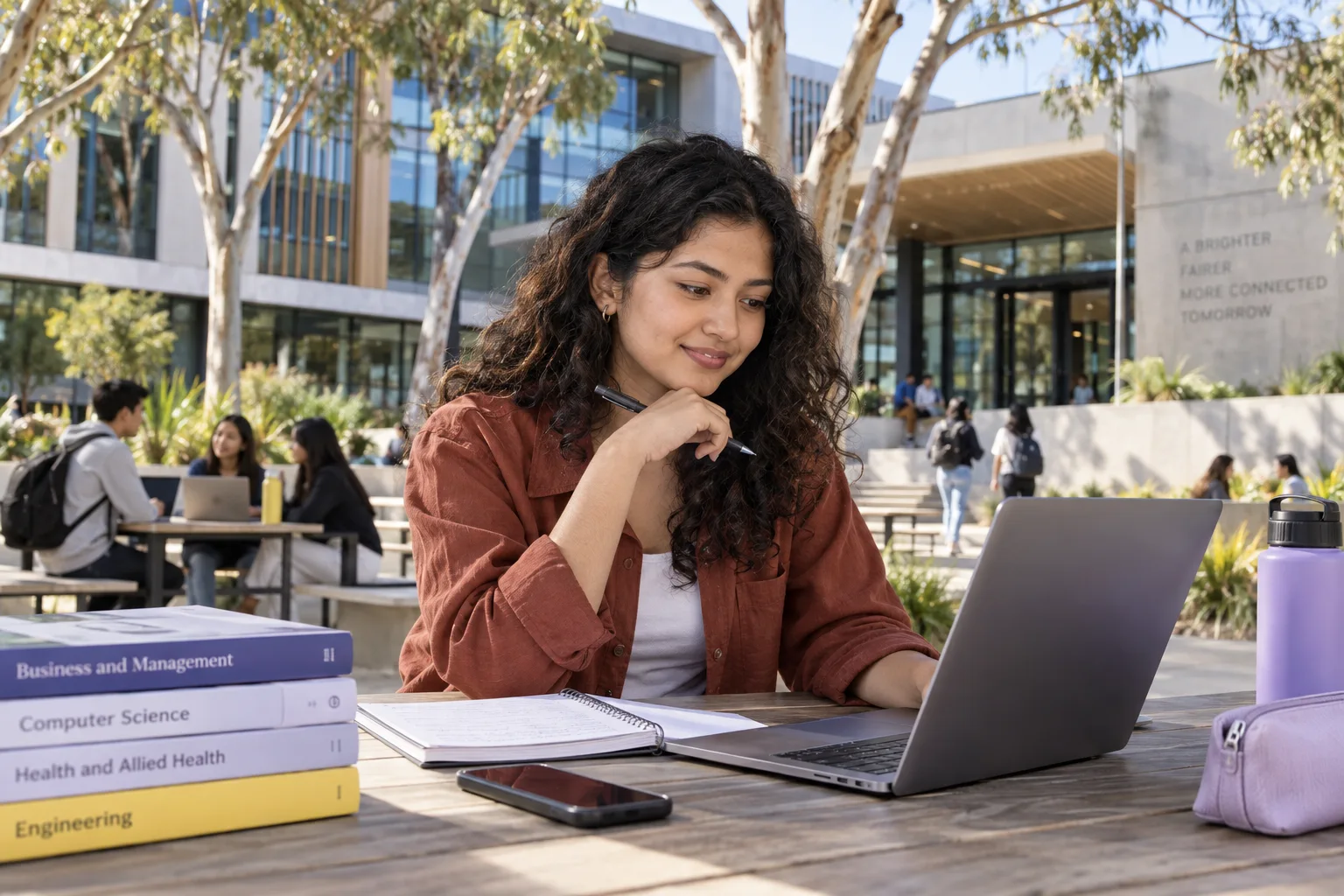 Young Nepali woman with curly hair comparing Australian university courses and intake options using a laptop and notebook