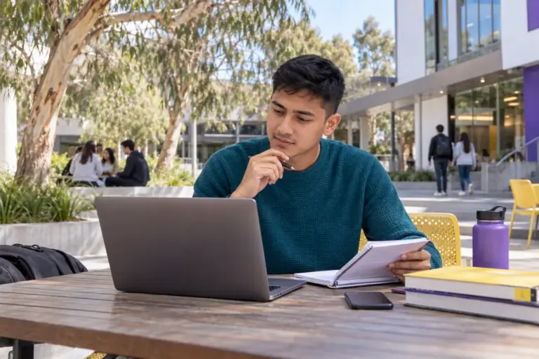 Young Nepali man with cropped hair comparing Australian university courses and intake options using a laptop and notebook