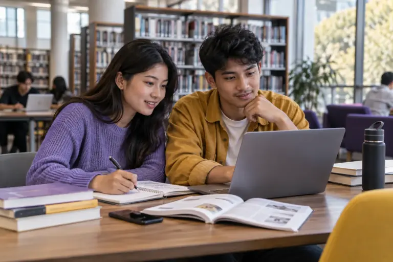 Two Nepali students, one woman and one man comparing Australian university courses and intake options using a laptop and notebook