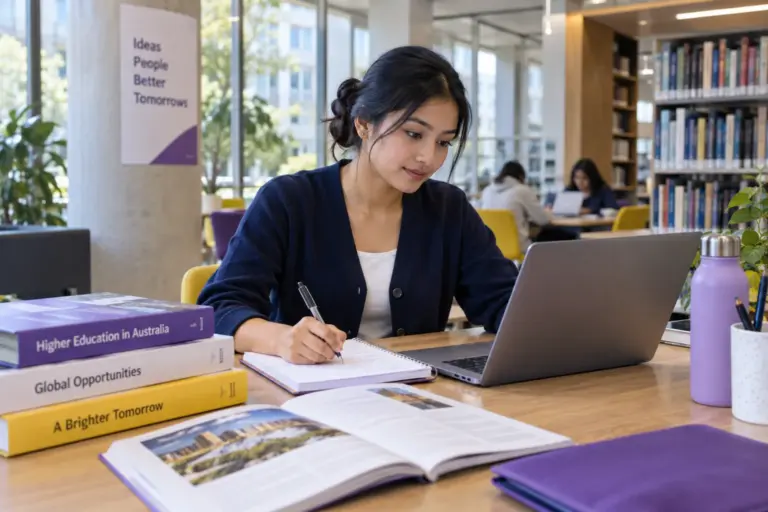 Young Nepali woman with tied-back hair comparing Australian university courses and intake options using a laptop and notebook