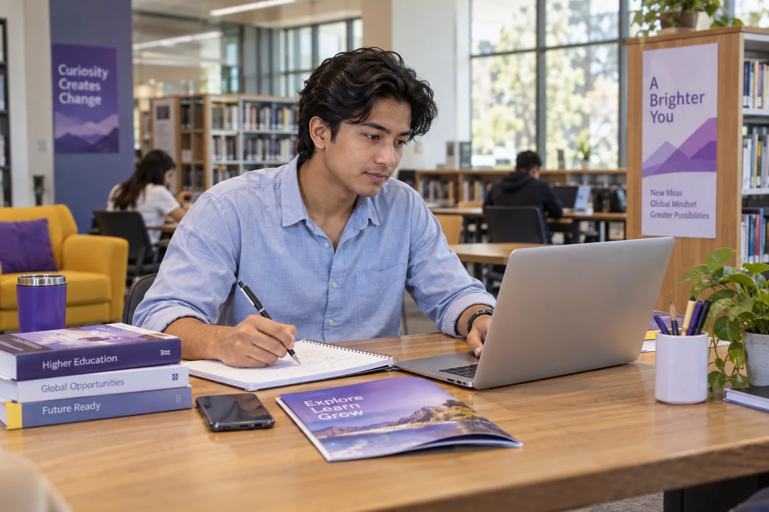 Young Nepali man with swept-back hair comparing Australian university courses and intake options using a laptop and notebook