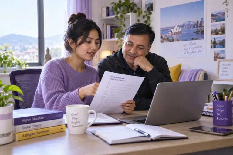 Nepali student discussing plans with a parent reviewing an unbranded study application document checklist with a laptop