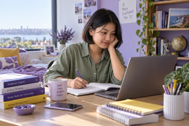 Young Nepali woman with a short bob practising English writing or reading on a laptop beside study books, as preparation for Australian university study