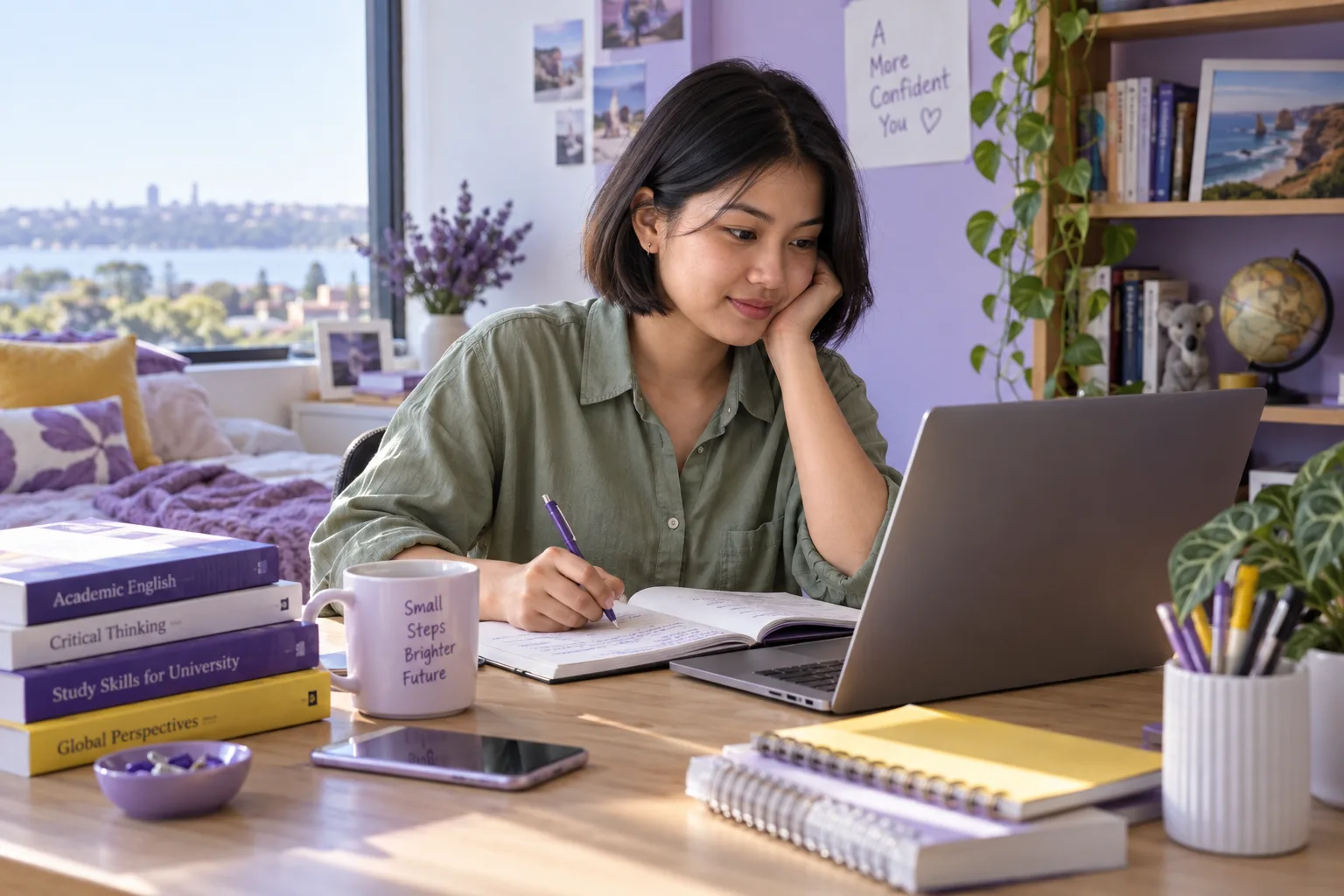 Young Nepali woman with a short bob practising English writing or reading on a laptop beside study books, as preparation for Australian university study