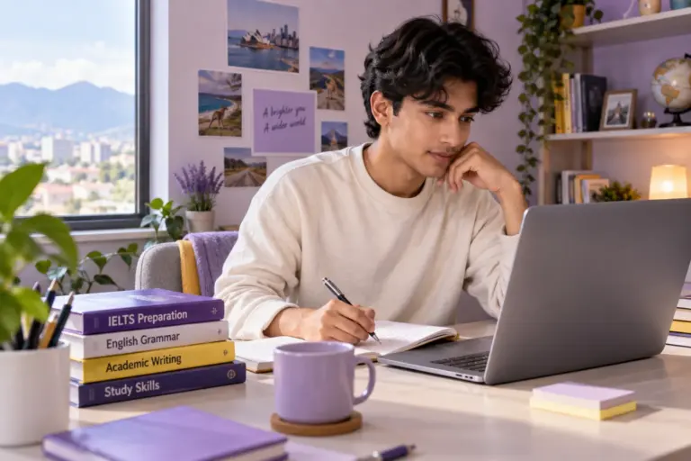 Young Nepali man with wavy hair practising English writing or reading on a laptop beside study books, as preparation for Australian university study