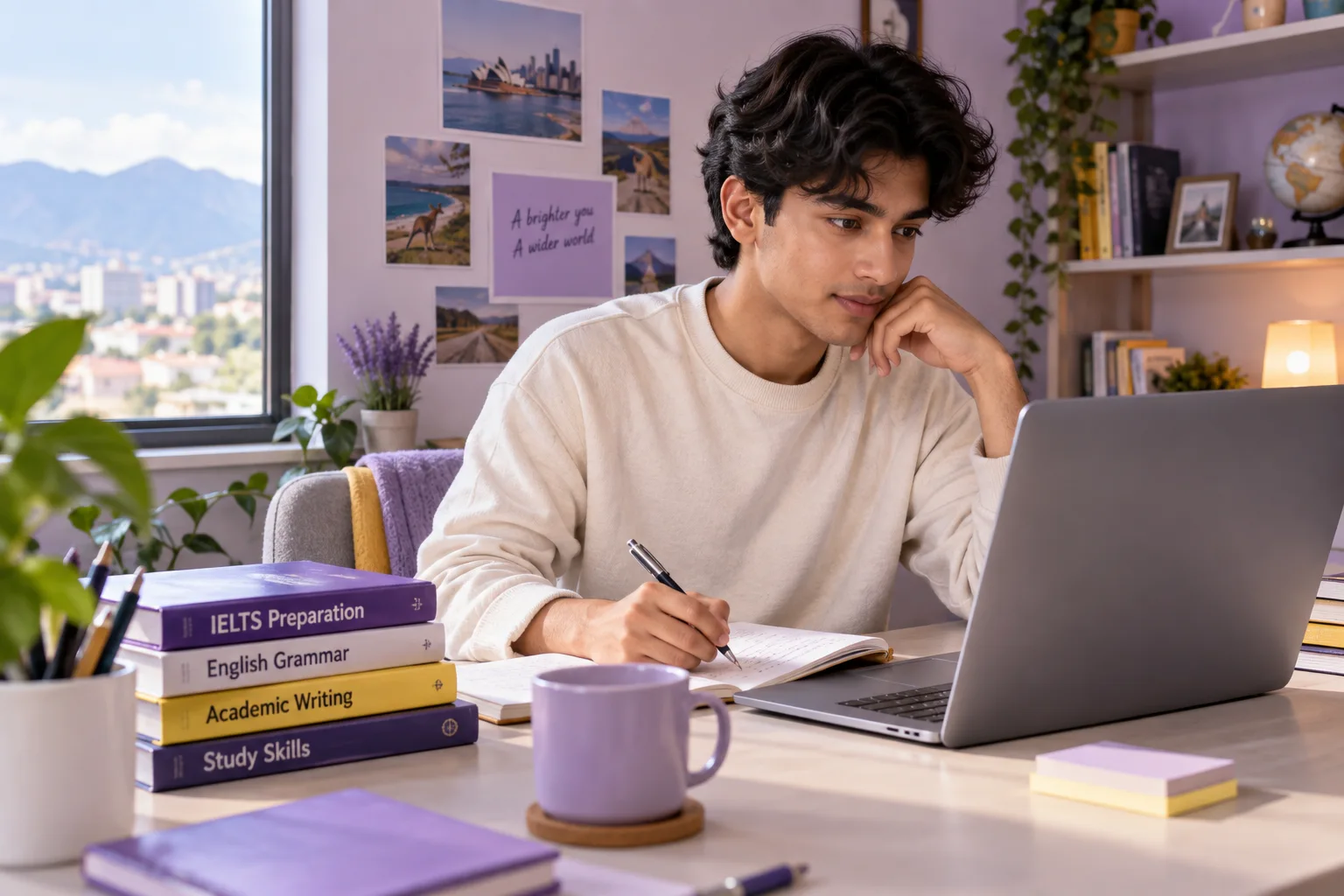Young Nepali man with wavy hair practising English writing or reading on a laptop beside study books, as preparation for Australian university study
