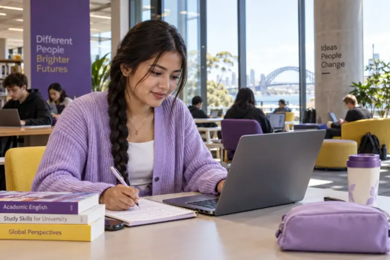 Young Nepali woman with a long braid practising English writing or reading on a laptop beside study books, as preparation for Australian university study