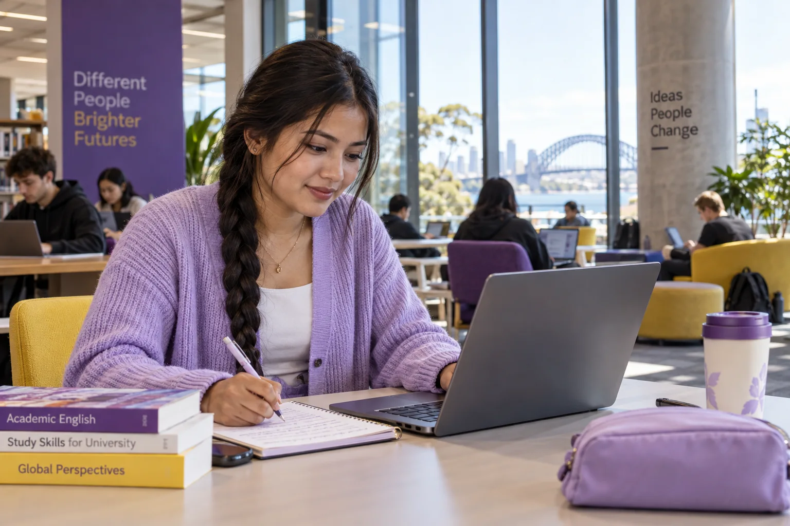 Young Nepali woman with a long braid practising English writing or reading on a laptop beside study books, as preparation for Australian university study