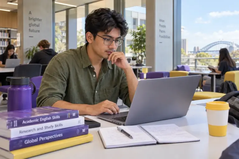 Young Nepali man with glasses practising English writing or reading on a laptop beside study books, as preparation for Australian university study
