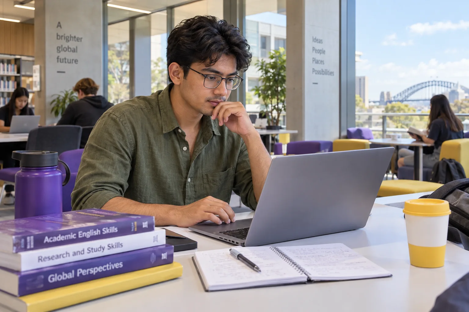 Young Nepali man with glasses practising English writing or reading on a laptop beside study books, as preparation for Australian university study