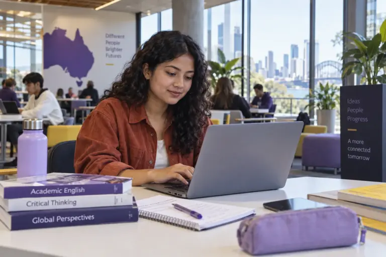 Young Nepali woman with curly hair practising English writing or reading on a laptop beside study books, as preparation for Australian university study