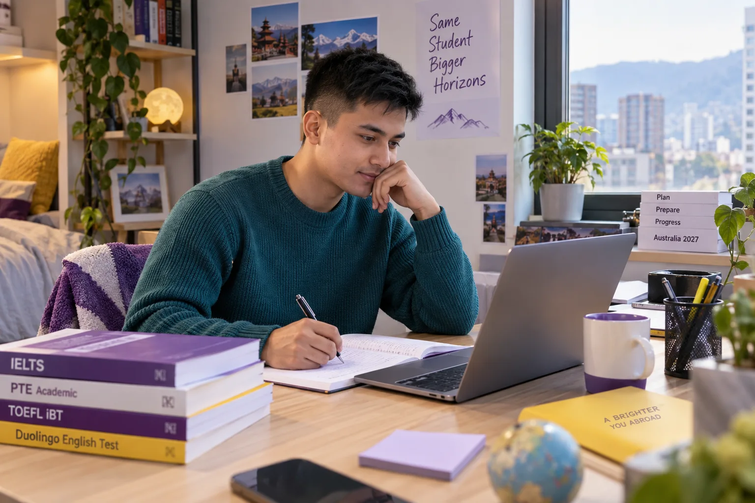 Young Nepali man with cropped hair practising English writing or reading on a laptop beside study books, as preparation for Australian university study