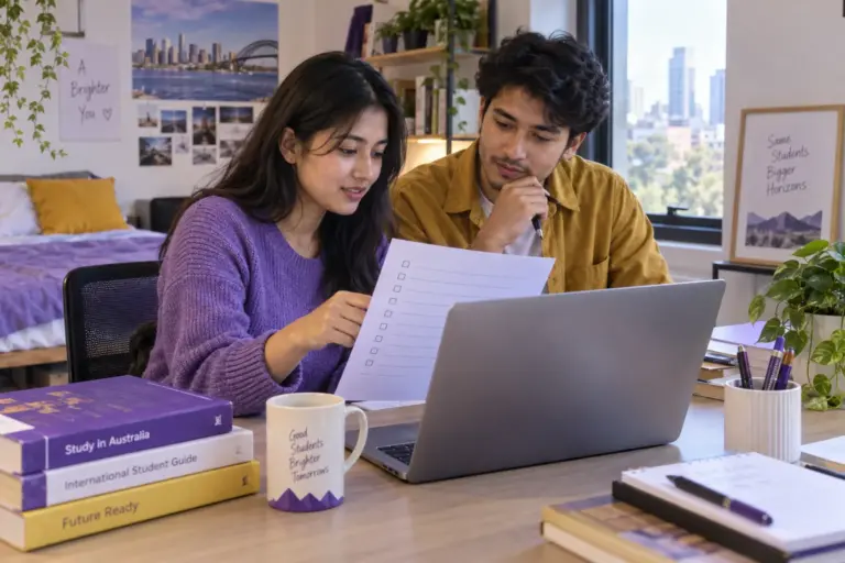 Two Nepali students, one woman and one man reviewing an unbranded study application document checklist with a laptop