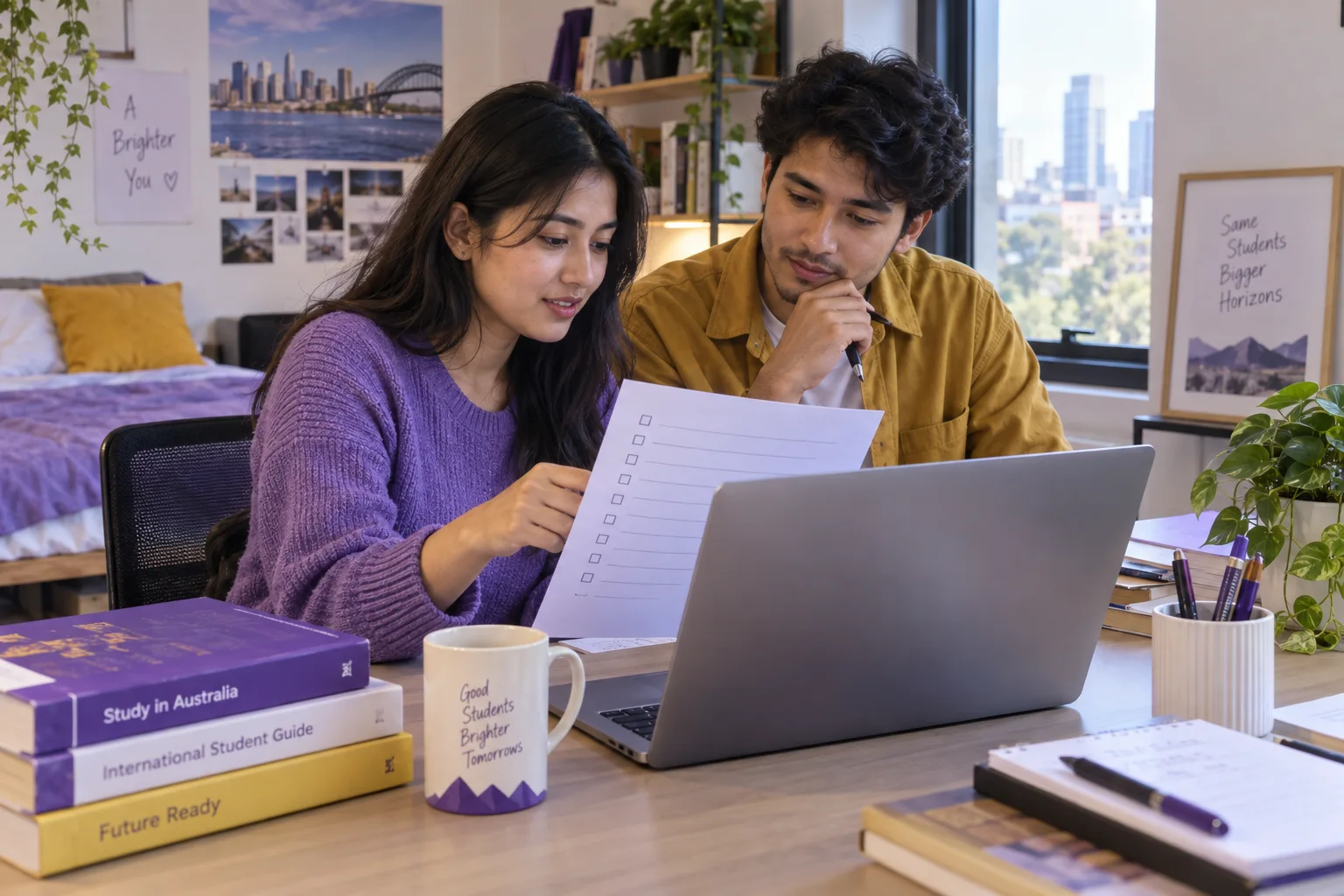 Two Nepali students, one woman and one man reviewing an unbranded study application document checklist with a laptop