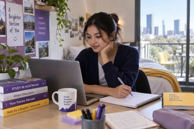 Young Nepali woman with tied-back hair comparing Australian university courses and intake options using a laptop and notebook