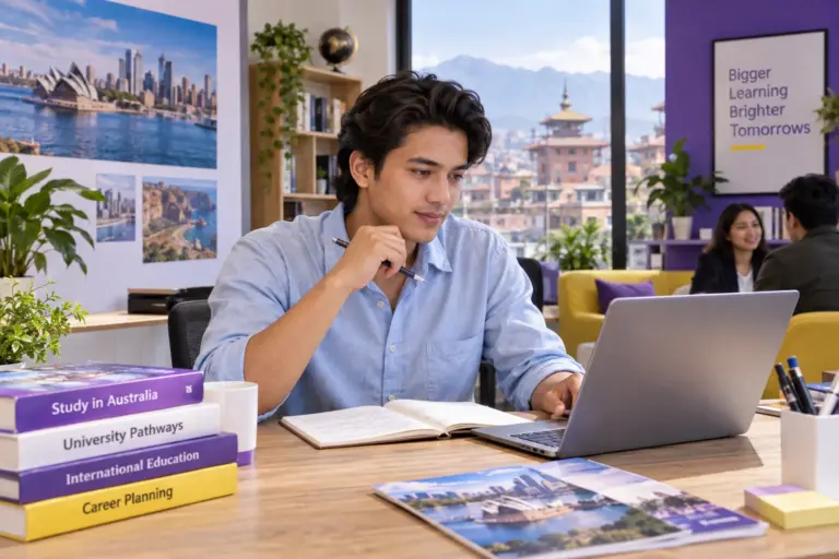 Young Nepali man with swept-back hair comparing Australian university courses and intake options using a laptop and notebook