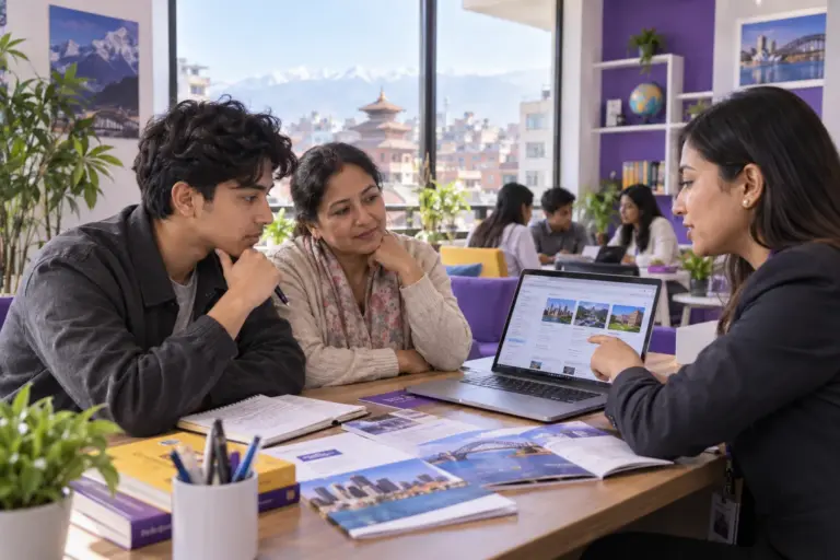 Nepali student discussing plans with a parent comparing Australian university courses and intake options using a laptop and notebook