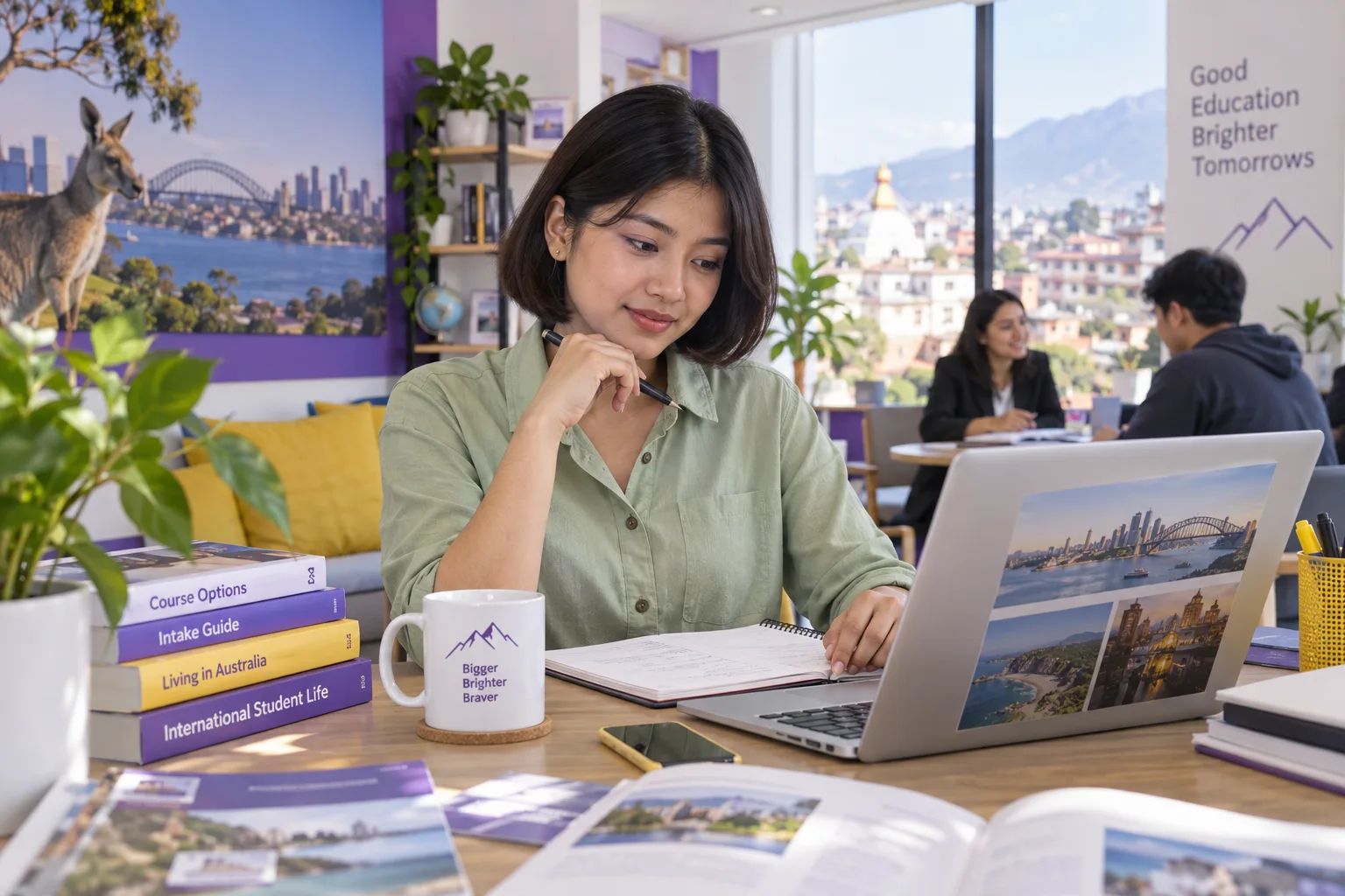 Young Nepali woman with a short bob comparing Australian university courses and intake options using a laptop and notebook