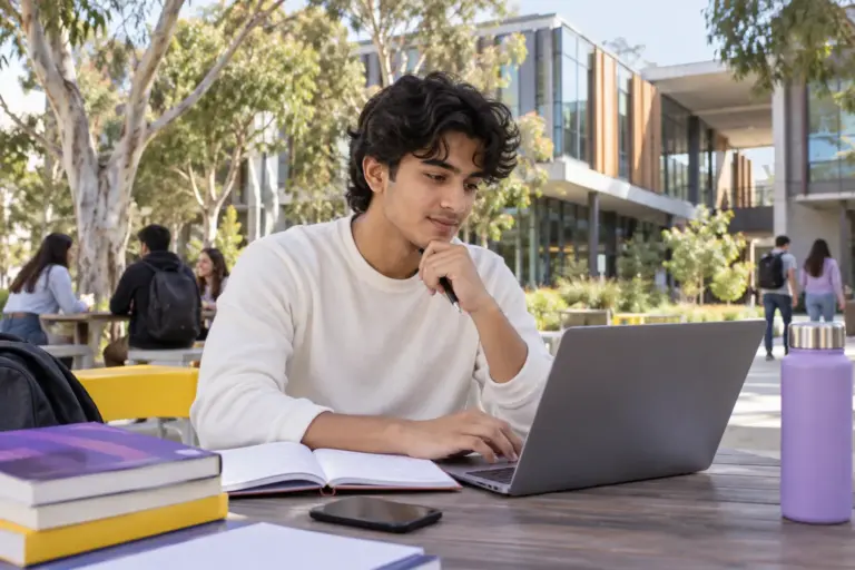 Young Nepali man with wavy hair comparing Australian university courses and intake options using a laptop and notebook