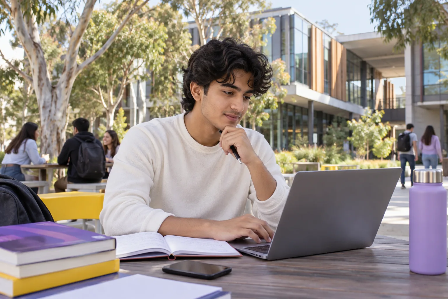 Young Nepali man with wavy hair comparing Australian university courses and intake options using a laptop and notebook