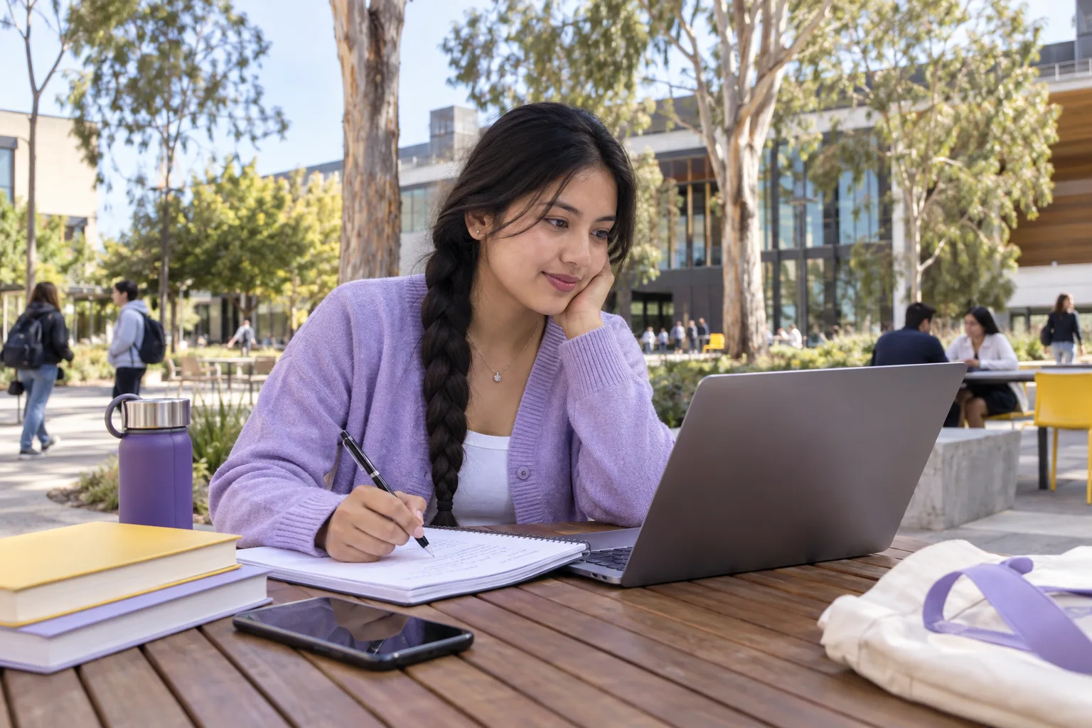 Young Nepali woman with a long braid comparing Australian university courses and intake options using a laptop and notebook