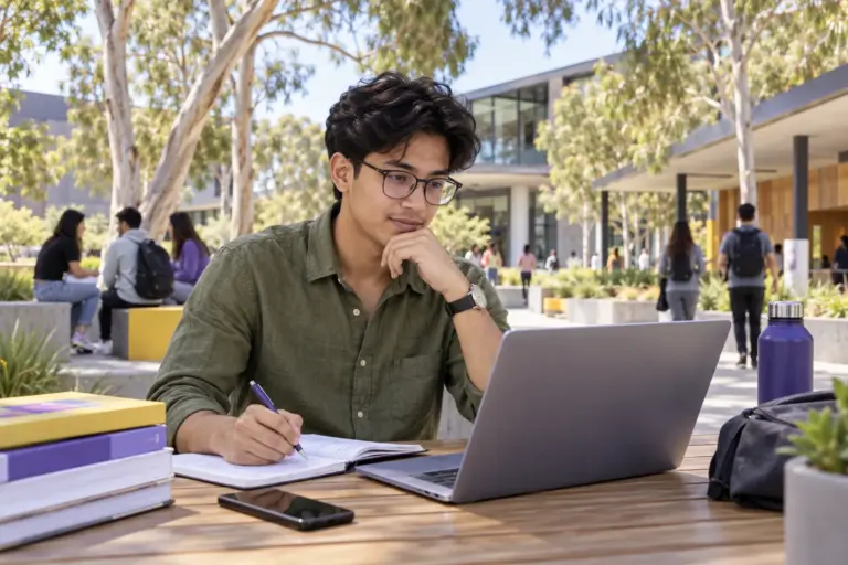 Young Nepali man with glasses comparing Australian university courses and intake options using a laptop and notebook
