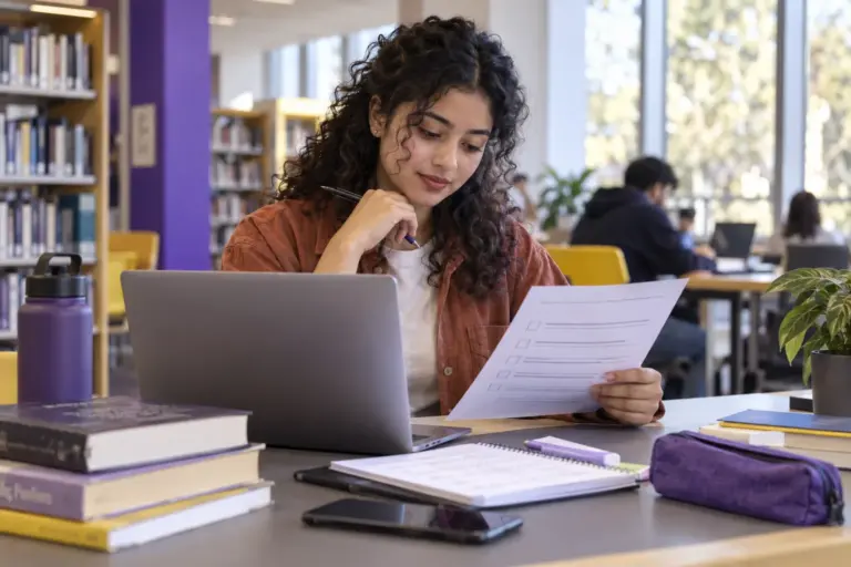 Young Nepali woman with curly hair reviewing an unbranded study application document checklist with a laptop