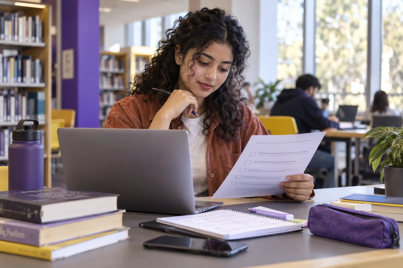 Young Nepali woman with curly hair reviewing an unbranded study application document checklist with a laptop