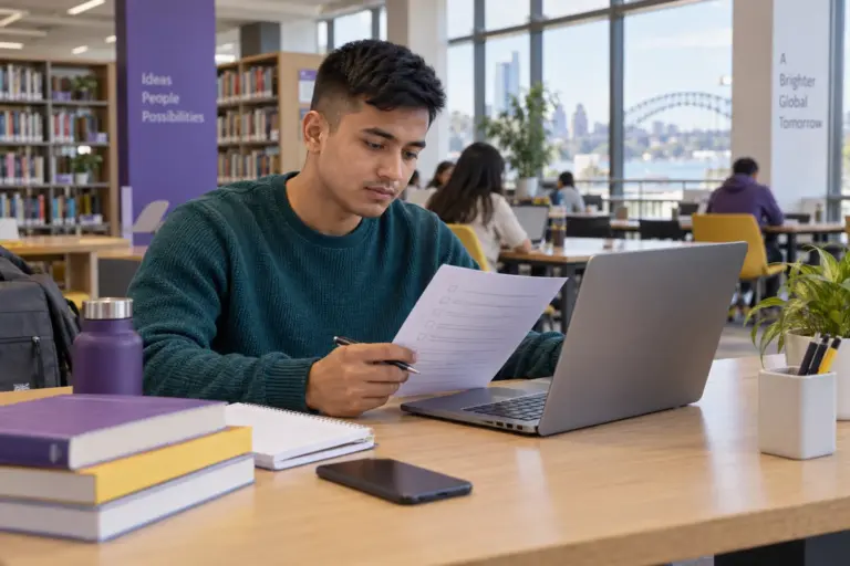 Young Nepali man with cropped hair reviewing an unbranded study application document checklist with a laptop