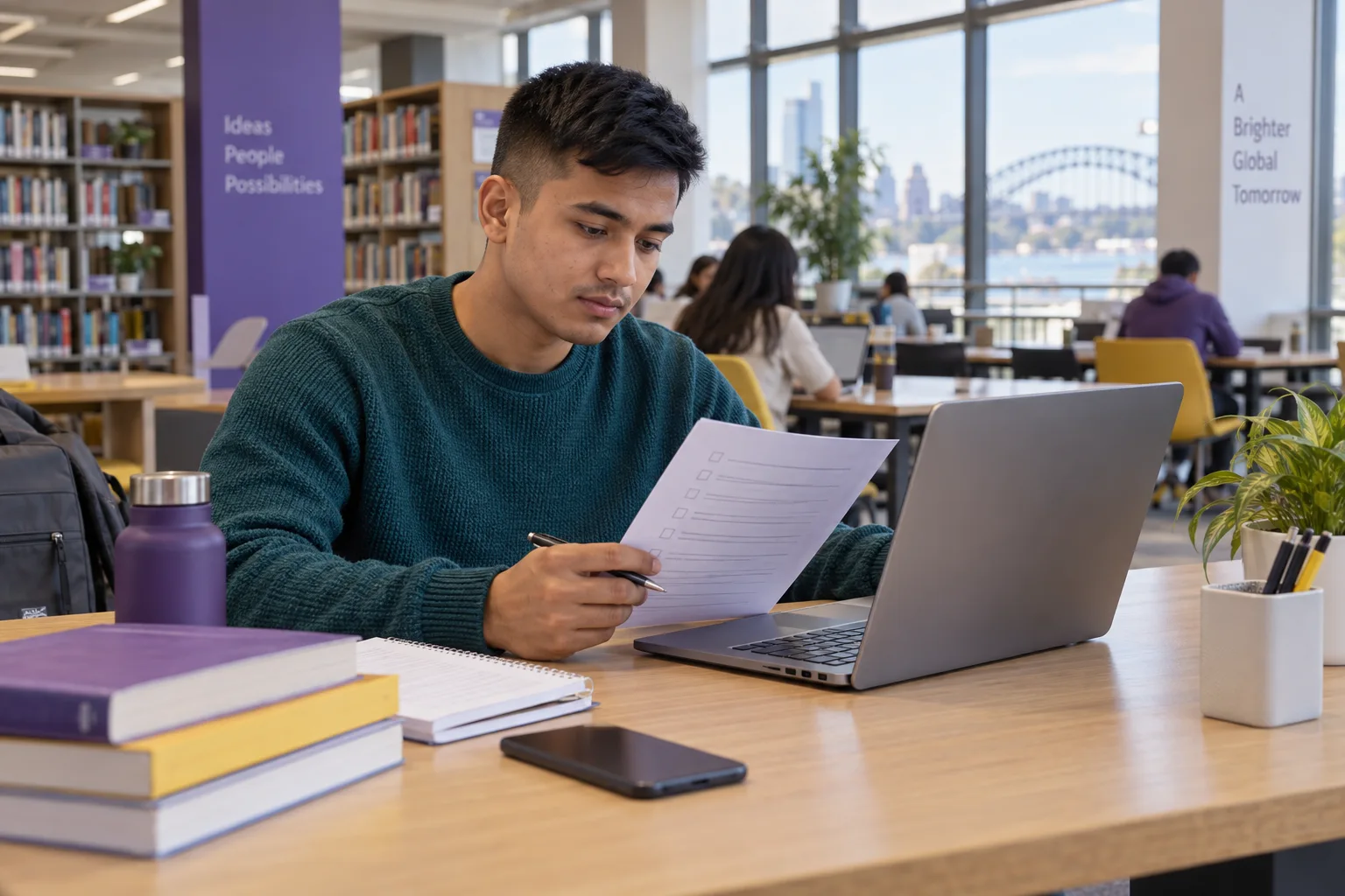 Young Nepali man with cropped hair reviewing an unbranded study application document checklist with a laptop