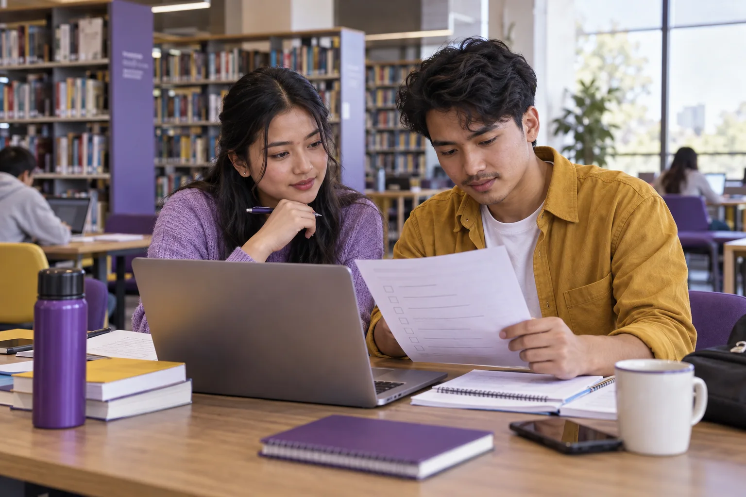 Two Nepali students, one woman and one man reviewing an unbranded study application document checklist with a laptop