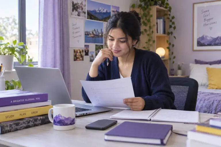 Young Nepali woman with tied-back hair reviewing an unbranded study application document checklist with a laptop