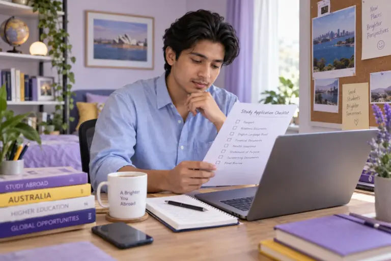 Young Nepali man with swept-back hair reviewing an unbranded study application document checklist with a laptop