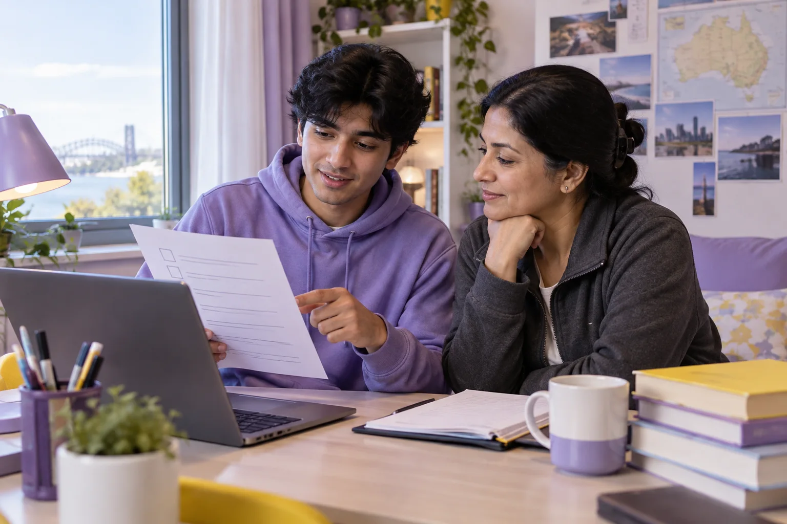 Nepali student discussing plans with a parent reviewing an unbranded study application document checklist with a laptop