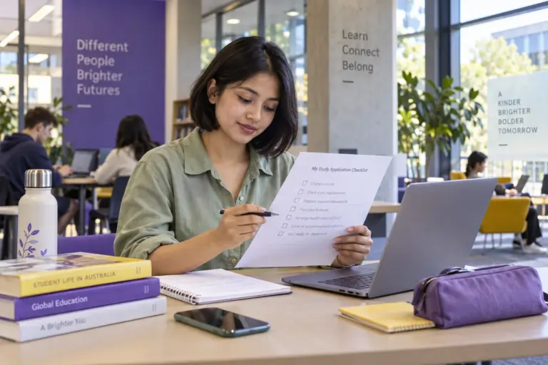 Young Nepali woman with a short bob reviewing an unbranded study application document checklist with a laptop