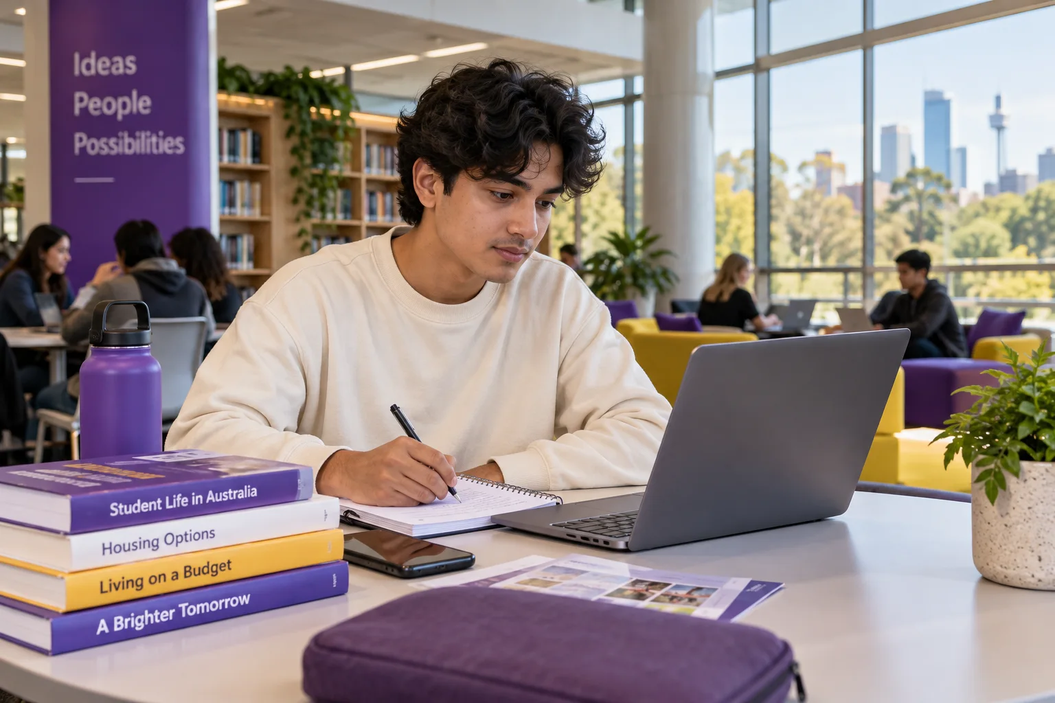 Young Nepali man with wavy hair planning student accommodation and everyday campus life with a notebook and laptop in a welcoming Australian study setting