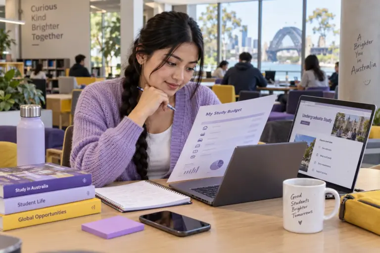 Young Nepali woman with a long braid comparing a personal study budget worksheet and university tuition information on a laptop
