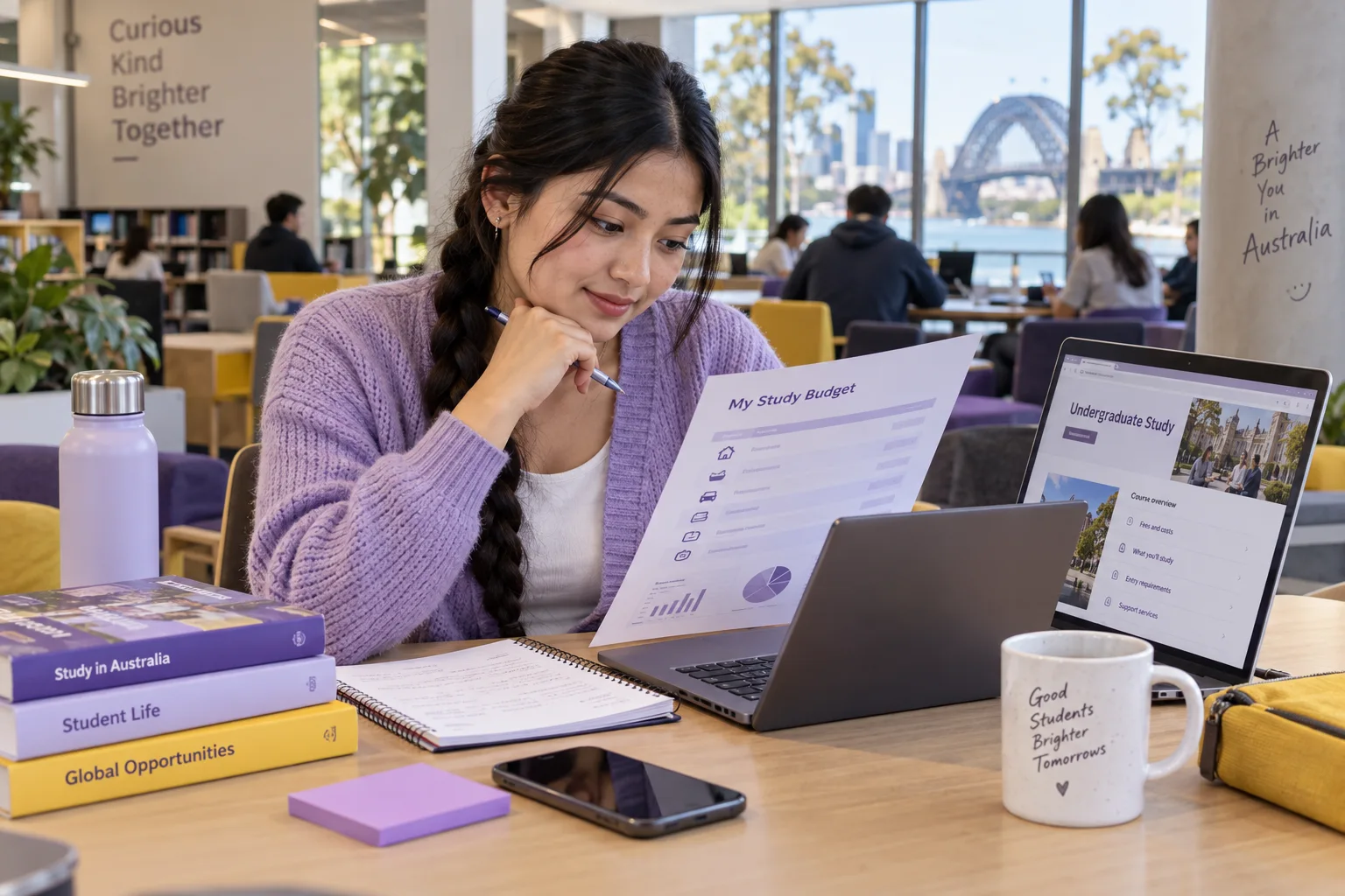 Young Nepali woman with a long braid comparing a personal study budget worksheet and university tuition information on a laptop
