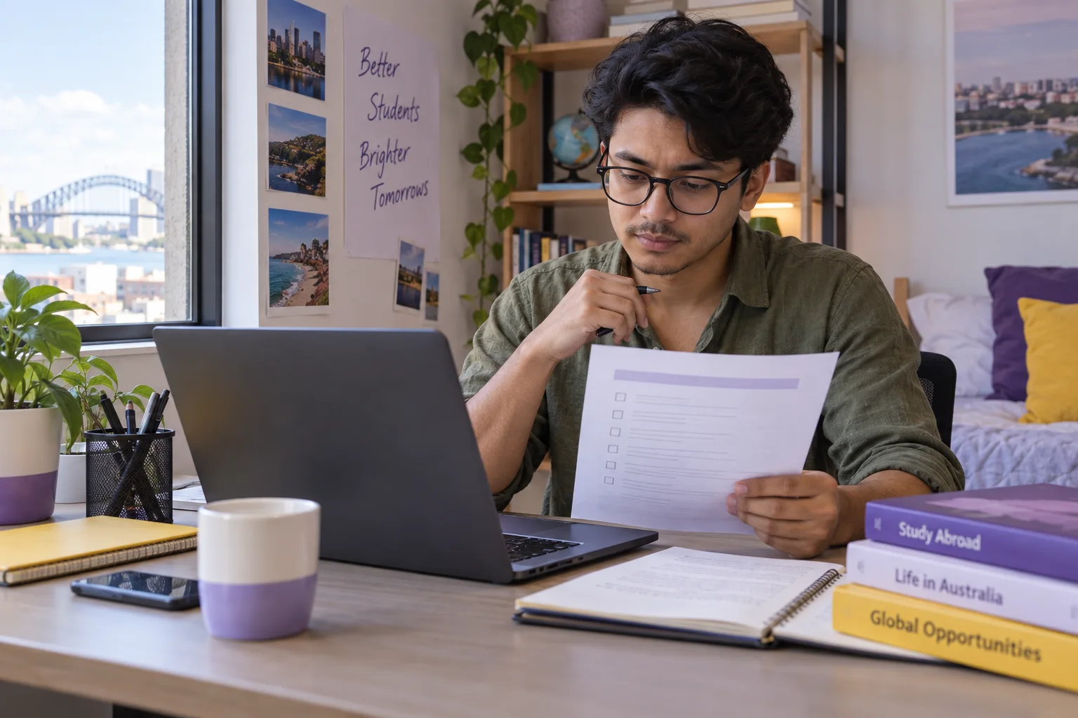 Young Nepali man with glasses reviewing an unbranded study application document checklist with a laptop
