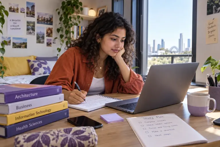 Young Nepali woman with curly hair comparing Australian university courses and intake options using a laptop and notebook
