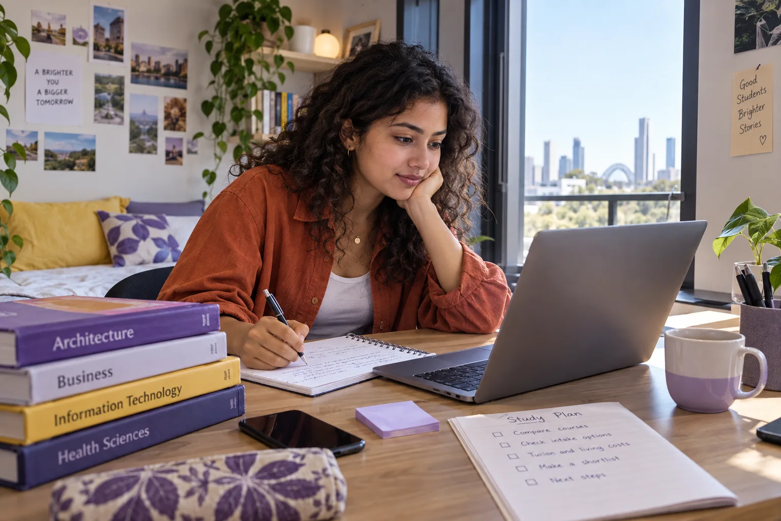 Young Nepali woman with curly hair comparing Australian university courses and intake options using a laptop and notebook